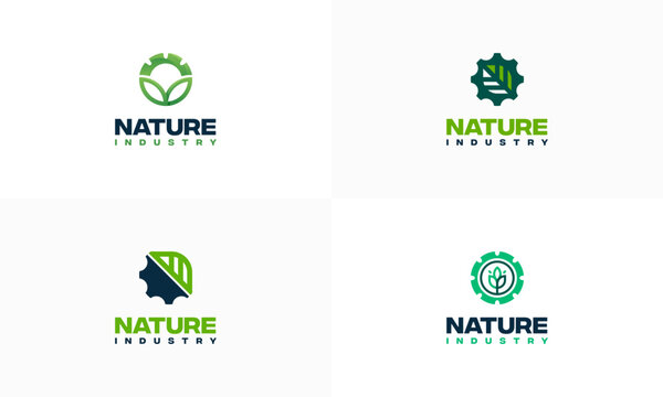 Set of Nature technology logo, leaf and gear machine vector, Agriculture logo template icon, Green Eco Tech Logo Template Design Vector, Nature Industry
