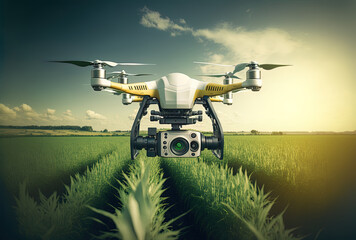 Fototapeta premium Drone quad copter with high quality digital camera flying over a field of green maize,. Generative AI