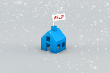 A blue house in snow with a Help! flag flying from the chimney, indicating assistance is needed with the rising cost of living crisis, energy bills, food and fuel (Very high-resolution files)