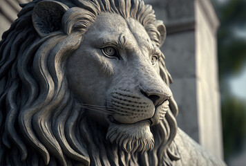 Closeup of a gray stone lion sculpture. Generative AI
