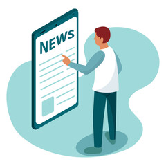 Male character reading news on big cellphone Vector