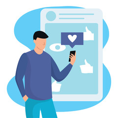 Male character interacting with cellphone Vector