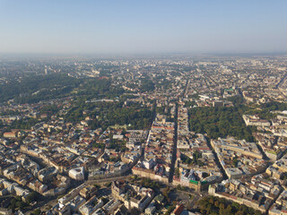 Ukraine, Lviv city center, old architecture, drone photo, bird's eye view.
