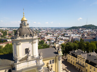 Ukraine, Lviv city center, old architecture, drone photo, bird's eye view.