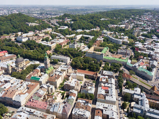 Ukraine, Lviv city center, old architecture, drone photo, bird's eye view.