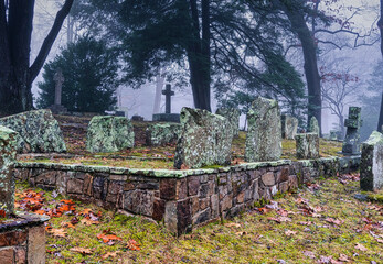 Early foggy morning in a old graveyard with a cedar tree and moss covered headstones and crosses. Sewanee Tennessee university cemetery.