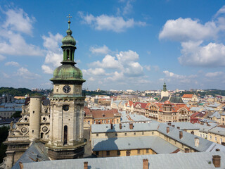 Fototapeta na wymiar Ukraine, Lviv city center, old architecture, drone photo, bird's eye view.