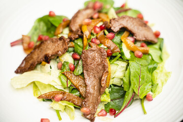 tasty and fresh meat salad on a plate in a restaurant from a chef.