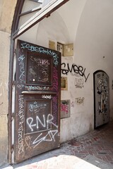 entrance, door with graffiti 