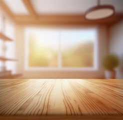 Horizontal shot of a wooden table for product placement and product advertisement in kitchen Generative AI