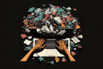 a person's hand typing on a laptop in an overhead perspective while surrounded by crumpled papers on a black backdrop. Generative AI