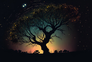 Obraz na płótnie Canvas Tree silhouetted against a nebulous night sky. Generative AI
