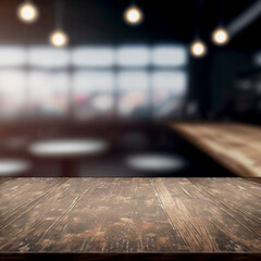 Obraz premium Horizontal shot of a wooden table for product placement and product advertisement in bar Generative AI