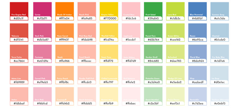 Fashion color guide palette sammer and sprinf season. Trend 2023 year. Vector trands color palette RGB HEX. Color palette for fashion designers, business, clothing and print