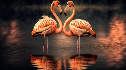 Foto op Plexiglas Two flamingos couple standing in lake. Fantasy magical fairy tale landscape with elegant birds.  © Viks_jin