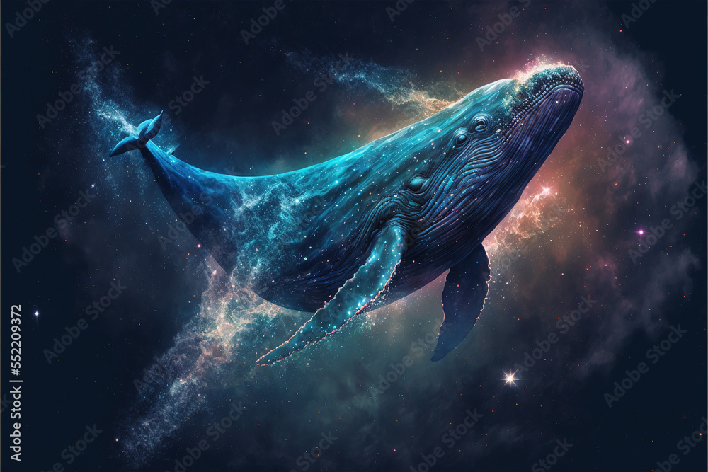 Wall mural Cosmic whale swimming in space. Godlike creature, awe inspiring, dreamy digital illustration.