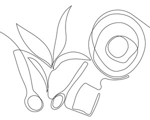 Continuous drawing of one line of bottles with oil or honey or lemon or lime juice for scrubbing and body skin care with natural herbal skin care products, top view of ingredients. Vector illustration