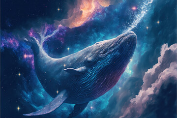Fototapeta na wymiar Cosmic whale swimming in space. Godlike creature, awe inspiring, dreamy digital illustration.