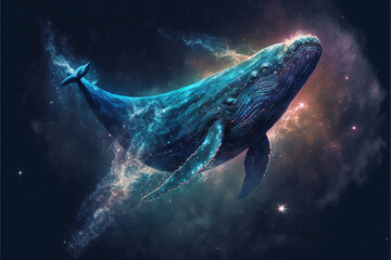 Cosmic whale swimming in space. Godlike creature, awe inspiring, dreamy digital illustration. - obrazy, fototapety, plakaty