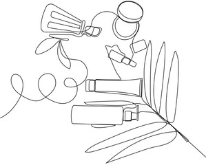 Continuous drawing of one line of bottles with oil or honey or lemon or lime juice for scrubbing and body skin care with natural herbal skin care products, top view of ingredients. Vector illustration