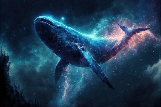 Cosmic whale swimming in space. Godlike creature, awe inspiring, dreamy digital illustration.