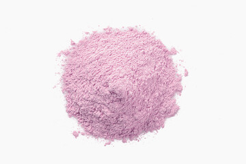 Pink protein powder isolated n white background.