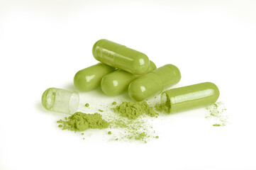 Andrograhis panicalata Herbal capsule isolated on white background. Close up
