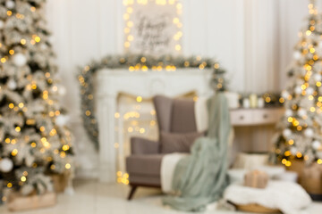Beautiful holiday decorated room with Christmas tree and bright lights , out of focus shot for...