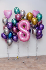 Pink balloons, decor with balloons, photo zone from balloons for eight year, balloons