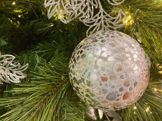 Christmas tree decorations close up