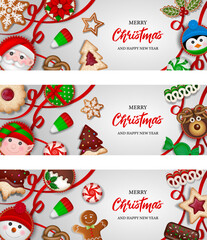 set of christmas banners with sweets. christmas greeting cards with candies and cookies