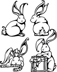 Stylized line art set of bunnies. Contour cute rabbits, symbol of Easter. Tattoo, design and decor elements. Highly detailed and accurate lines for print or engraving