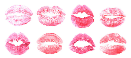 Set with lipstick kiss marks on white background, top view. Banner design