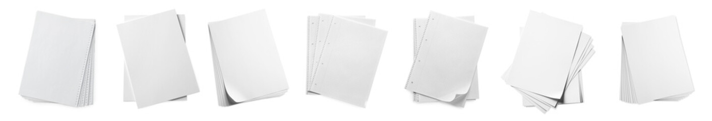 Set with blank sheets of paper on white background, top view. Banner design
