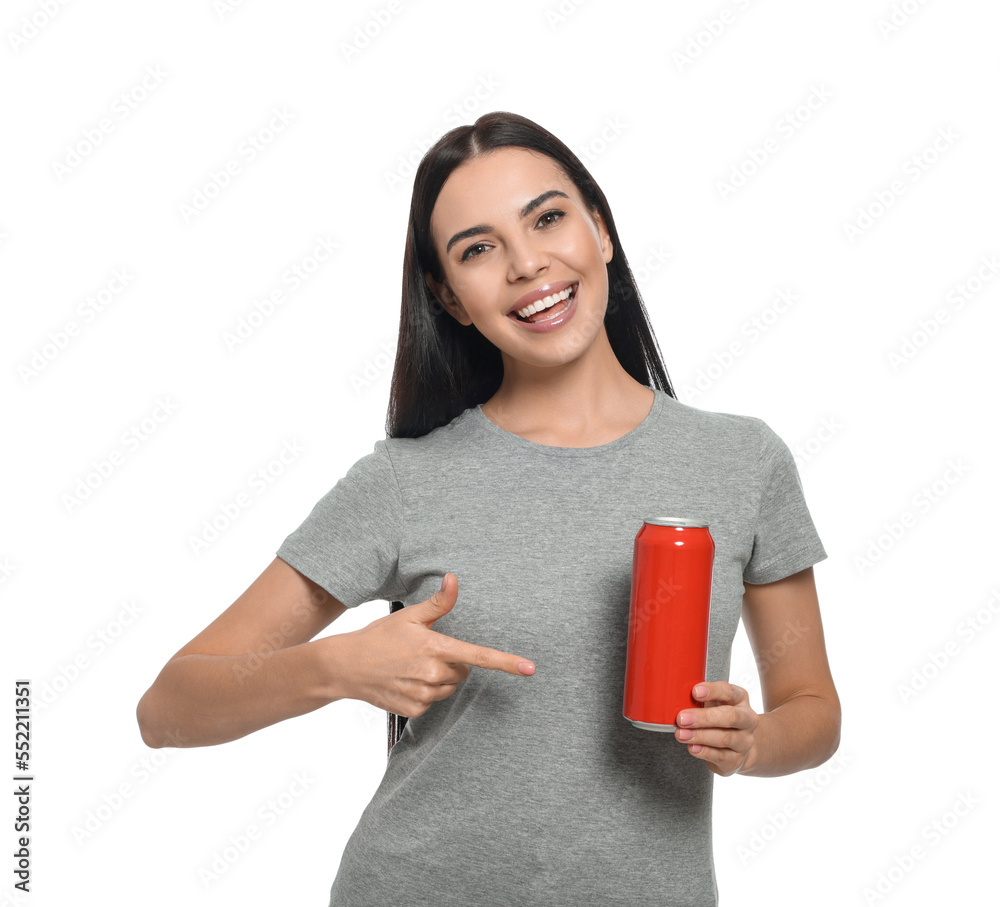 Poster Beautiful happy woman holding red beverage can on white background