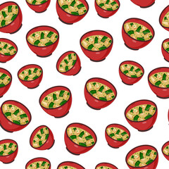 cartoon miso soup, japanese food seamless pattern on colorful background