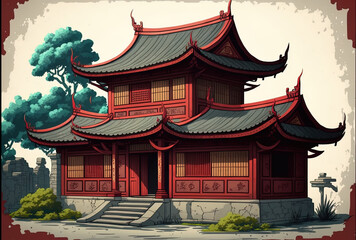 Obraz premium Traditional Chinese Ancient Houses have red tiled eaves and corners. Generative AI