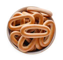 Fototapeta premium Bowl with tasty dry bagels (sushki) isolated on white, top view