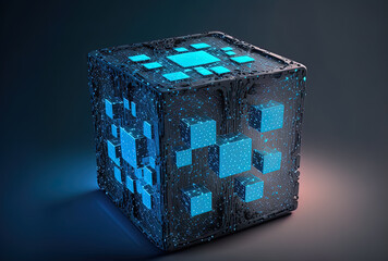 Obraz premium the blockchain technology idea. Data filled abstract technical cube on a digital backdrop. Generative AI