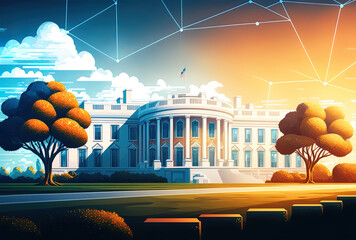 White House at a beautiful day executive branch president administration decentralized economy washington d.c. Concept hologram for blockchain cryptography and cryptocurrencies. Generative AI - obrazy, fototapety, plakaty