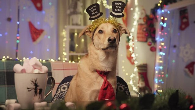 Dog wearing Christmas hat. Dog sitting by the table with Christmas stuff. New year background. Christmas background. 