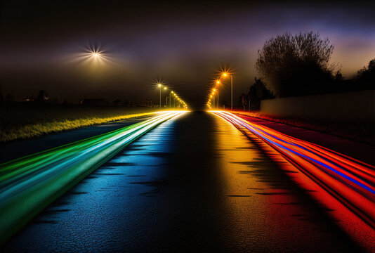 automobile lights at night. street lamps evening city. long exposure picture of a road at night. path with coloured strips of light. after a shower, a soggy road. Generative AI