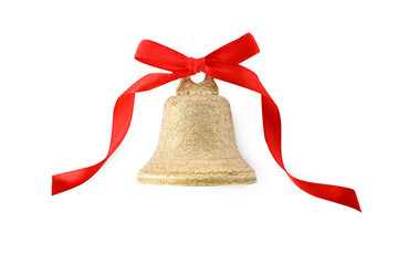 Golden shiny bell with red bow isolated on white. Christmas decoration - obrazy, fototapety, plakaty