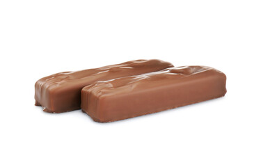 Two tasty chocolate bars on white background