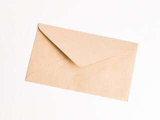 Brown open envelope against white background.