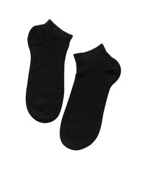 Pair of black socks on white background, top view