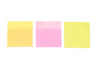 Collection of three colored sheet or sticky notes isolated on white background.