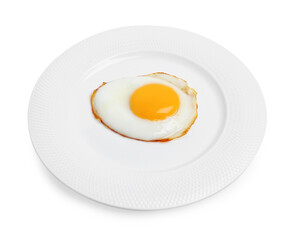Plate with delicious fried egg isolated on white