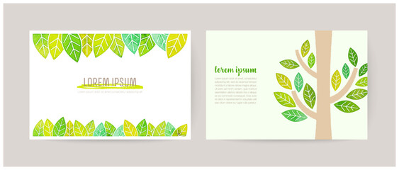 Leaves and tree illustration cards set, for greeting card, eco banners