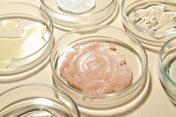 Many Petri dishes and cosmetic products on beige background, closeup